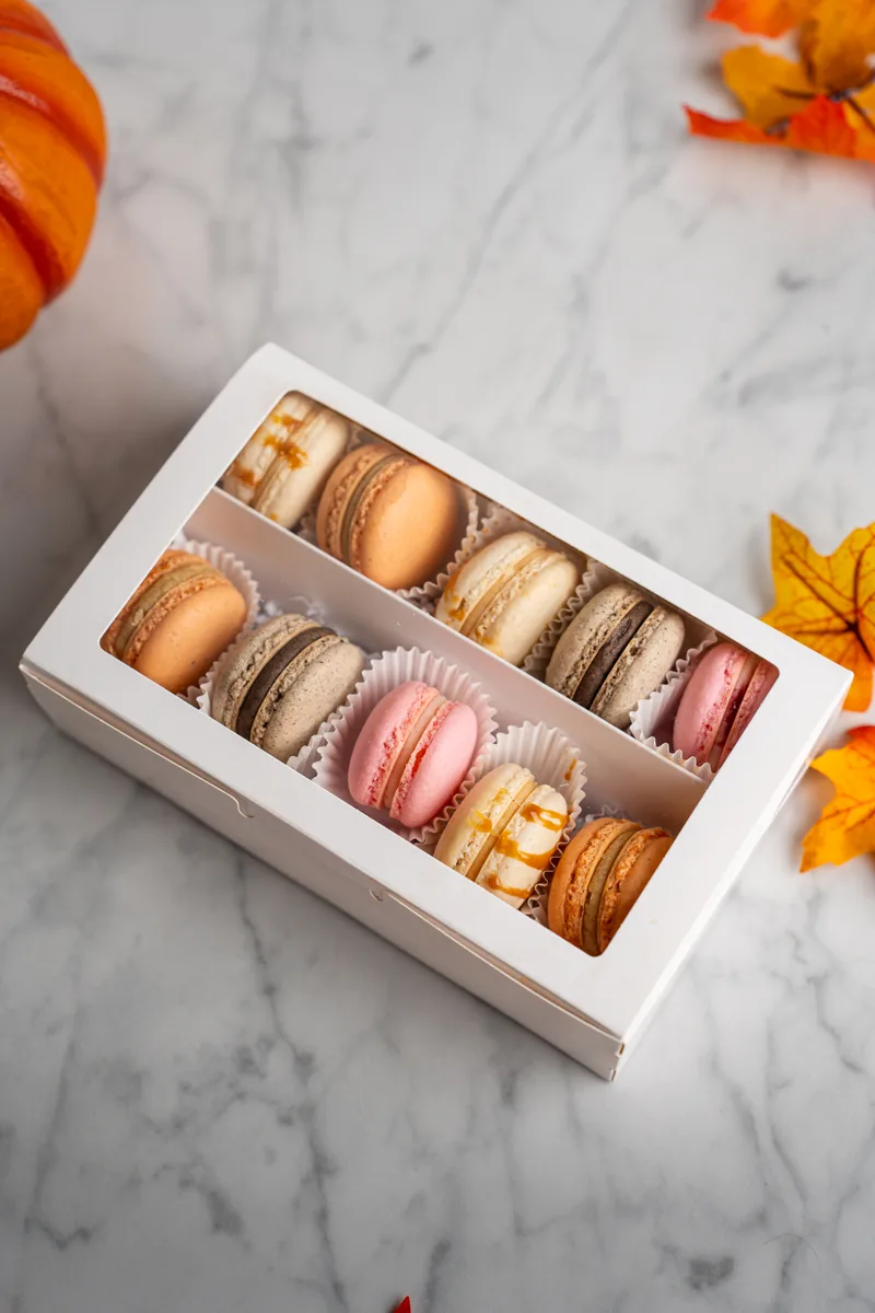 A boxed assortment of macarons with autumn leaves and a pumpkin
