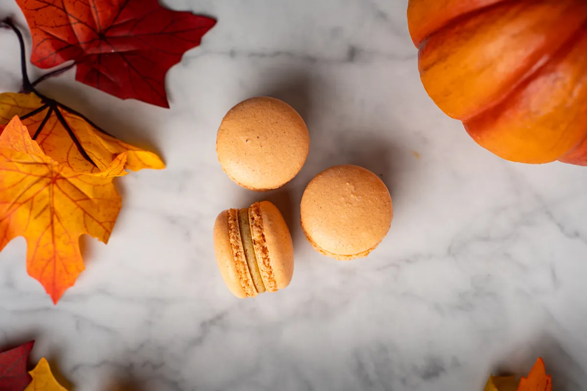 Orange pumpkin spice macarons on marble with a small pumpkin behind them