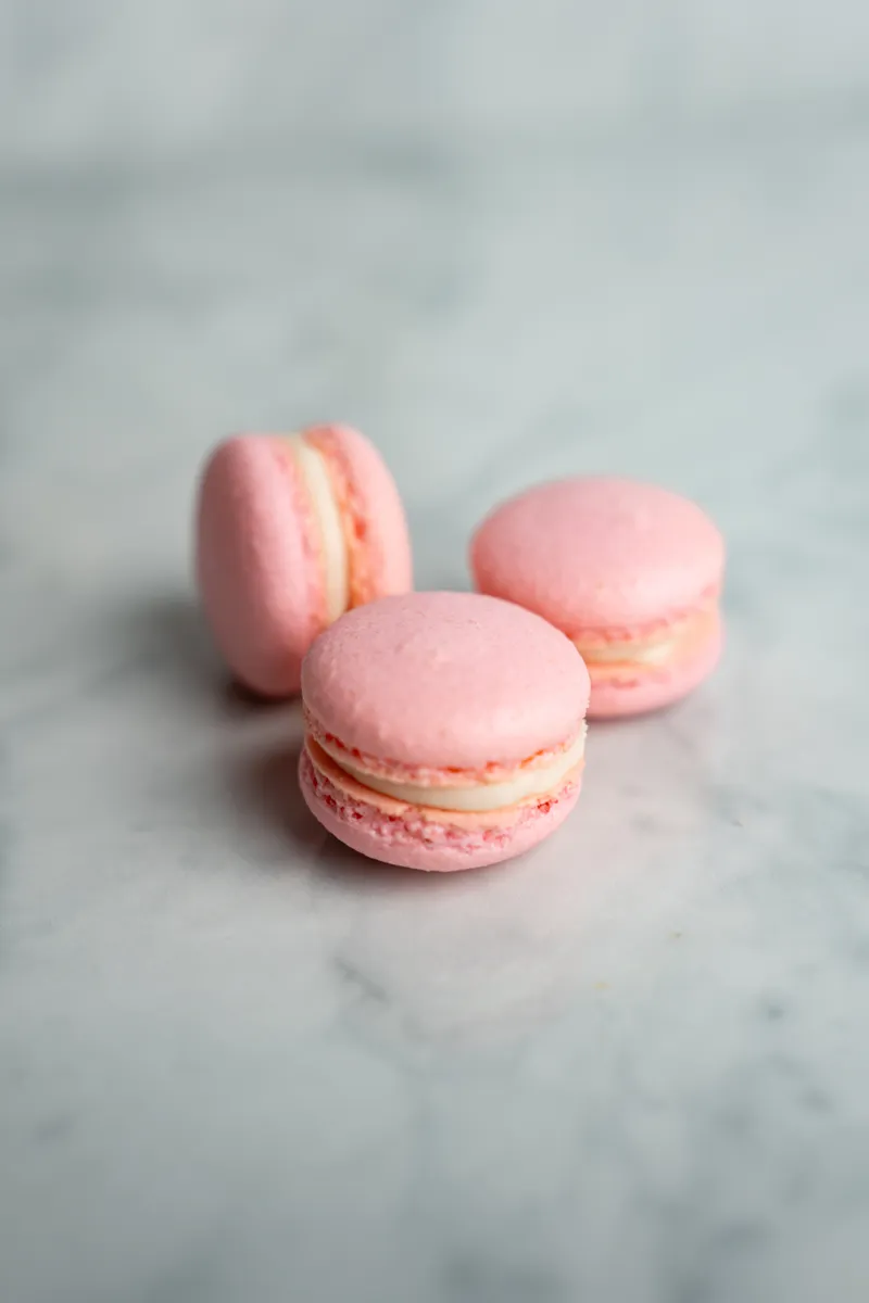 Pink raspberry cheesecake macarons with cream filling on white marble